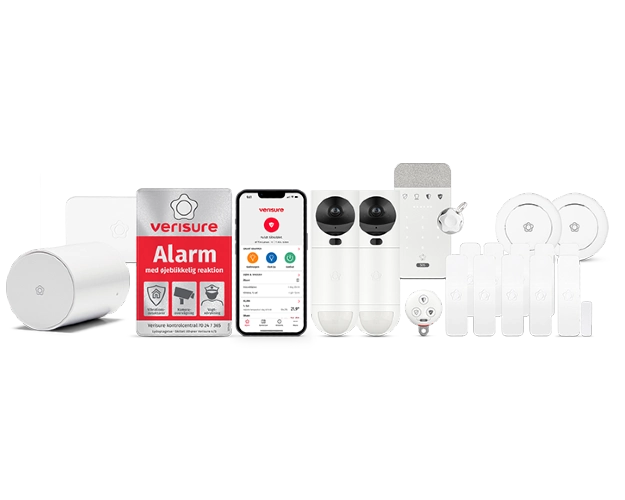 Illustration af Verisure alarm og alarmsystemets komponenter